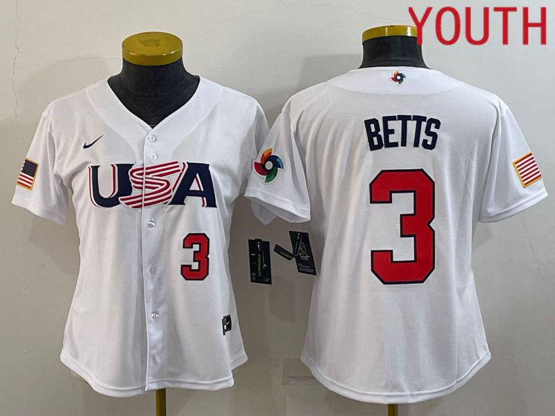 Youth 2023 World Cub USA #3 Betts White MLB Jersey4->youth mlb jersey->Youth Jersey